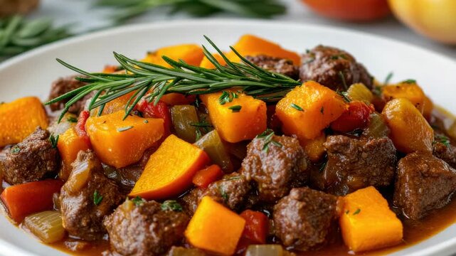 A close-up of a rich beef stew garnished with parsley and thyme, featuring chunks of beef and carrots in a flavorful sauce.