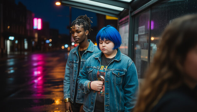 Two teenage friends standing together on rainy city street at night, colorful neon signs reflecting on pavement, urban nightlife and friendship concept with copy space for text