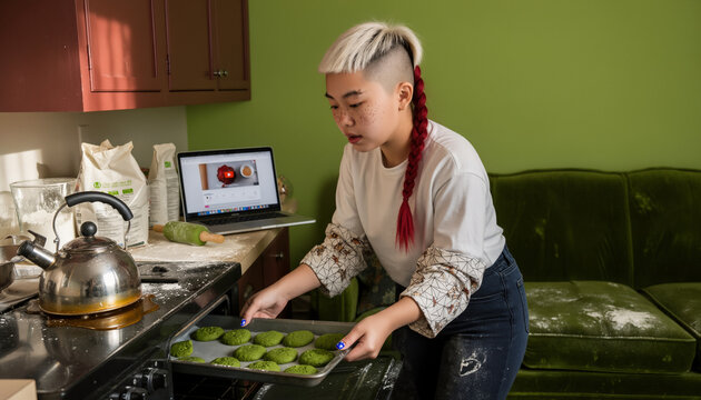 Teenage girl baking cookies in kitchen while following recipe video on laptop, placing dough on baking tray, casual home baking hobby with colorful hair and copy space for text