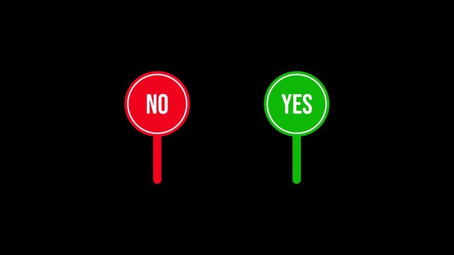 Yes and no paddle sign animation with transparent background and alpha channel for voting and quiz projects