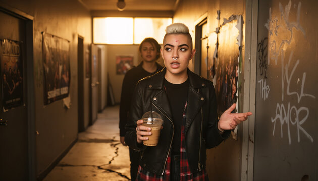 Expressive young woman gesturing while talking and holding iced coffee in graffiti covered hallway, walking with friend in urban setting, gen z street style with copy space for text
