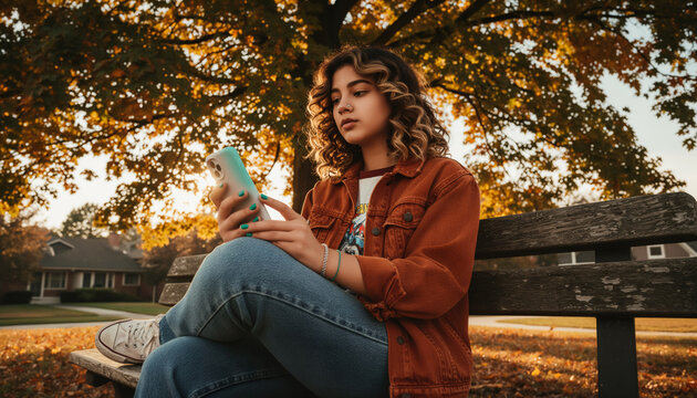 Teenage girl browsing smartphone while sitting on wooden park bench under autumn foliage, curly hair and denim jacket, relaxed outdoor moment during sunset with copy space for text