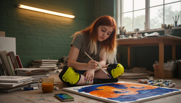 Focused teenage artist painting colorful portrait on canvas in cluttered art studio, wearing knee pads, creative hobby and self expression concept with warm lighting and copy space