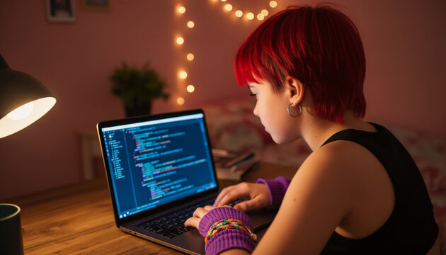 Teenage girl with red hair coding on laptop screen in cozy bedroom decorated with string lights, focused on programming skill, technology hobby and gen z lifestyle with copy space for text