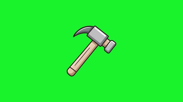 Animated cartoon wooden hammer striking down on a green screen. Perfect for construction, repair, DIY, or auction concepts.