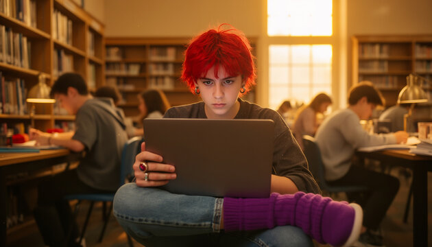 Focused teenage girl using digital tablet while studying at busy library table surrounded by classmates, technology assisted learning and school life concept with copy space for text