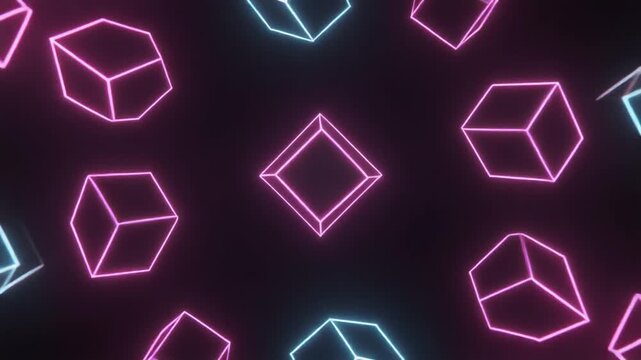 Neon Geometric Shapes Glowing Cubes and Diamond Abstract Background
