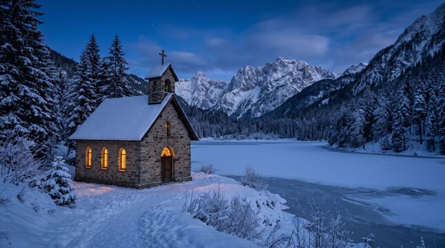 stone chapel standing beside a frozen lake in winter