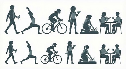 Fototapeta premium Healthy Lifestyle Activities – Women Walking, Yoga, Cycling, Weightlifting, Gardening and Socializing Vector Illustration