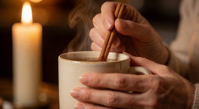 Warm hands enjoy a cozy moment with a mug of spiced drink, illuminated by candlelight, evoking a festive Christmas atmosphere.