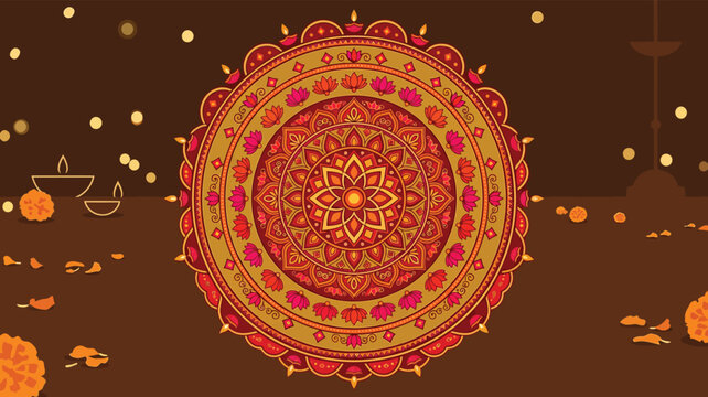 Diwali mandala background with traditional oil lamps. Indian festival rangoli vector illustration. Decorative floral pattern for greeting cards.