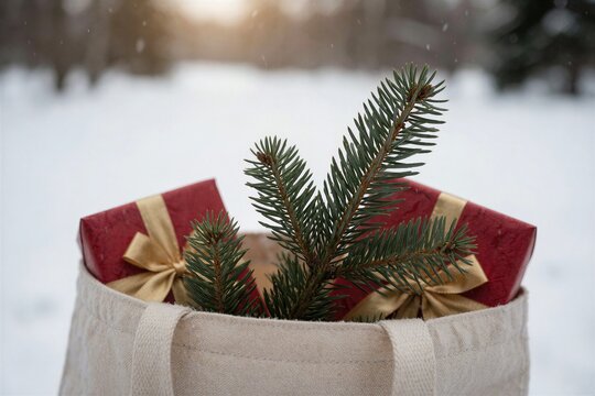 Carrying Christmas tree home: Close-up of evergreen needles and wrapped gifts peeking from a canvas tote against a snowy winter backdrop.