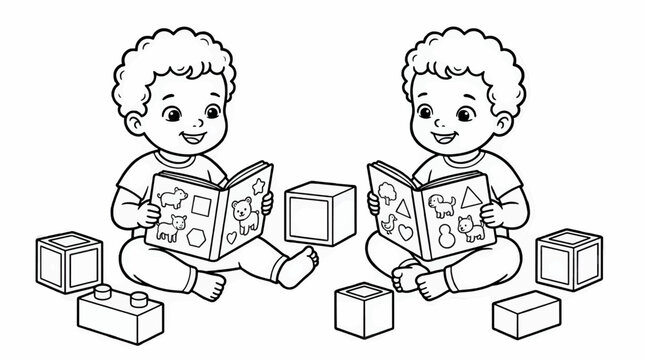 Two happy toddlers sitting and reading books with animals and shapes, surrounded by building blocks, outline vector illustration