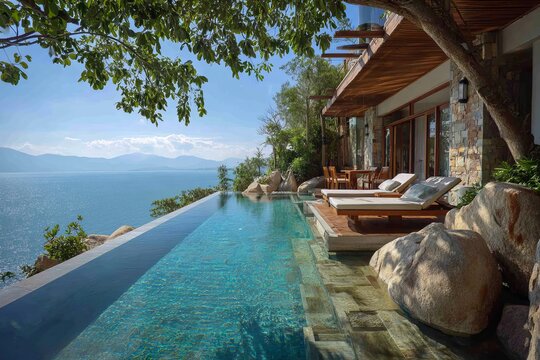 Luxury infinity pool overlooking calm blue ocean water with sun loungers on wooden deck under clear bright summer sky horizon