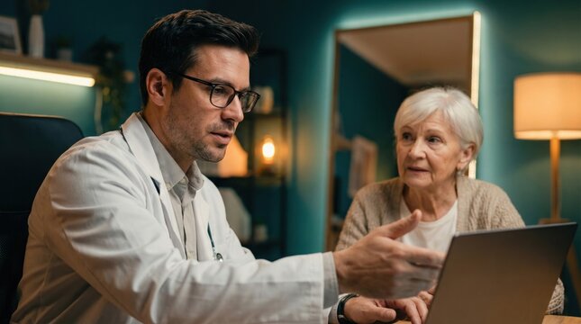 Doctor and elderly woman sit together in office discussing health. The doctor gestures while showing information on a laptop