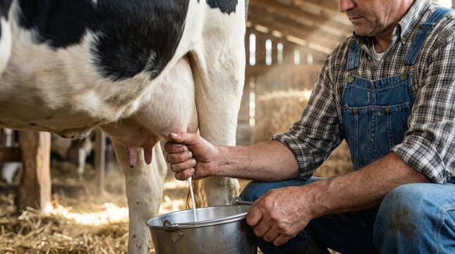A farmer sits on a stool milking a cow in a barn. Sunlight comes through the wooden beams. The barn has straw on the floor