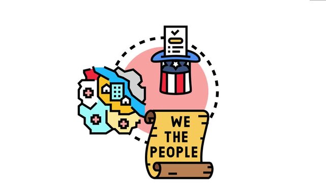 Political campaign announcement displaying a voting ballot in a stars and stripes hat. A map representing communities. And a scroll with we the people text