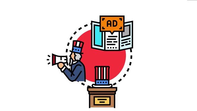 Uncle sam character making a public announcement using a megaphone, spreading news or an advertisement from a folded leaflet, symbolizing political or public communication