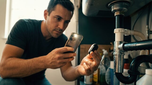 A person looks closely at pipes under a kitchen sink while using a phone light to check for problems. Cleaning products are nearby