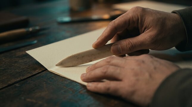 A hand presses a tool against paper to make a crease in a workshop during evening hours. Tools and materials are scattered around