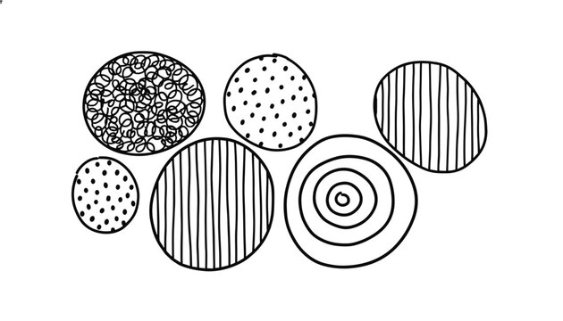 Collection of six simple hand drawn doodle circles with various inner patterns, isolated on a clean white background.