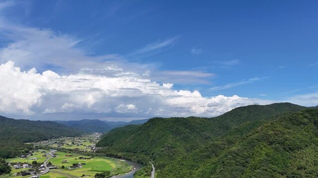 Aerial View of Rural Summer Landscape in Yamaguchi Japan with River, Rice Fields and Blue Sky 03