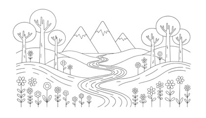 Fototapeta premium Coloring book landscape page with trees, mountains, a winding river, and a field of beautiful flowers for kids.