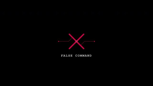 Digital HUD element showing a red broken circuit cross with false command text overlay