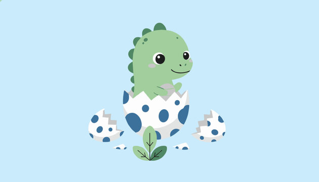 Cute cartoon illustration of an adorable baby dinosaur character hatching from a spotted blue color egg shell.