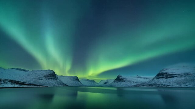 Aurora Borealis Over Snowy Arctic Landscape and Reflecting Lake