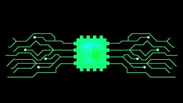 4K ProRes Transparent Glowing Green Tech Security Shield Microchip Animation