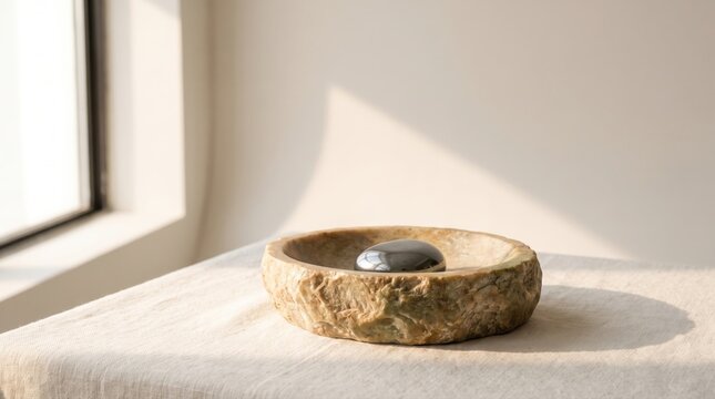 Close-up of a soapstone dish holding hematite on a white surface