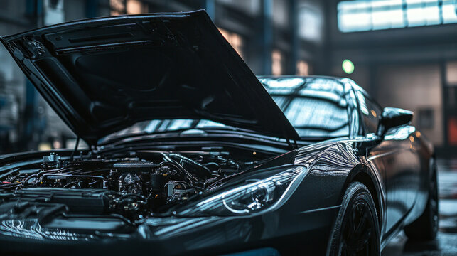 Modern sports car undergoing maintenance with open hood in garage