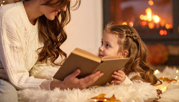 Mother and daughter reading book together by fireplace