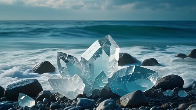 Ocean Beach Crystals Clear Quartz Gemstones on Shoreline with Crashing Waves