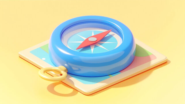 3D Isometric Compass Icon on a Map Surface, Stylized Navigation Concept for Travel and Exploration