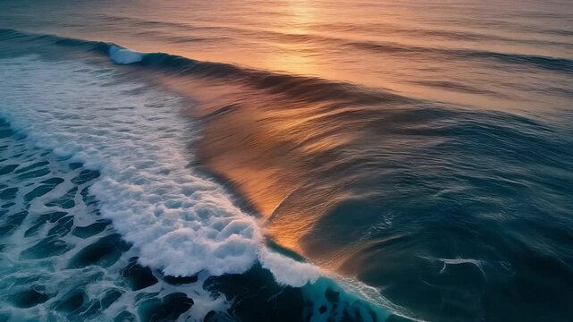 Golden Sunset Ocean Wave Crashing with Foamy White Water, Coastal Serenity