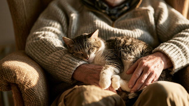Elderly man relaxing in armchair with his sleeping cat on his lap