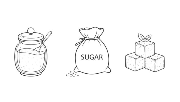 Detailed line art sketch of a glass sugar jar, a paper bag of sugar, and sugar cubes with mint leaves on white background.