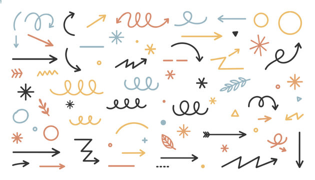 Creative collection of colorful hand drawn doodles featuring various arrows, squiggles, stars, and abstract shapes.