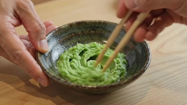 Mixing Fresh Wasabi Paste in Ceramic Bowl with Chopsticks