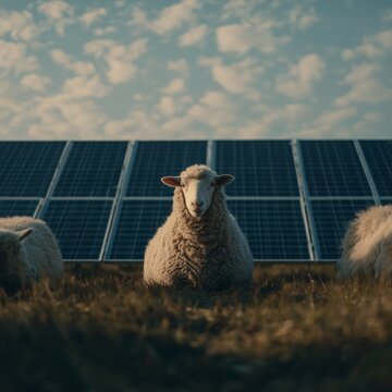 Sheep in a meadow among solar panels. The combination of livestock farming and solar energy. Blue sky with clouds. Agrivoltaics.