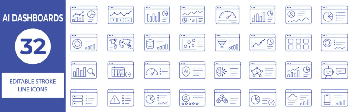 32 AI Dashboard Vector Outline Icons Set,Analytics, Data Visualization, Business Intelligence, Reports and Monitoring Line Symbols Collection