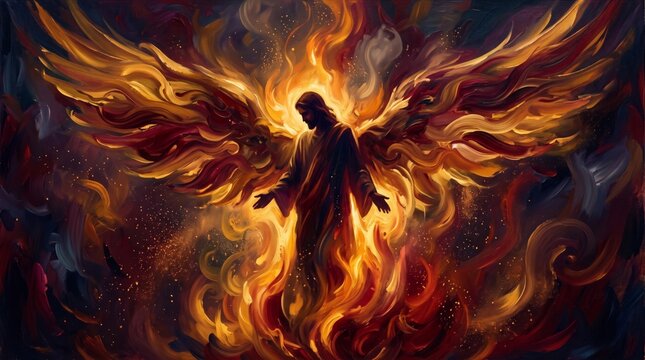 winged figure standing amid rising fire