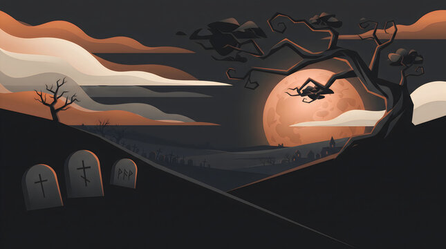 Spooky Halloween Cemetery Full Moon Landscape Background