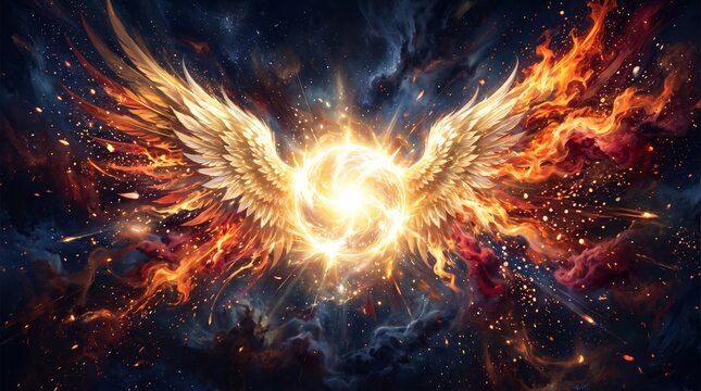 wings unfolding from a glowing sphere of light