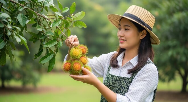 Smiling girl holding fresh rambutan fruit in an orchard.