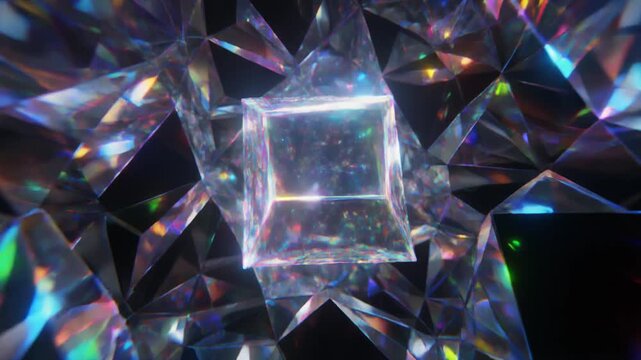 Abstract Crystal Cube Refracting Light, Diamond Facets, Geometric Luxury