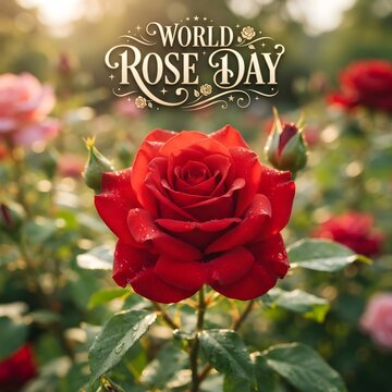 Red rose blooming on green foliage for world rose day