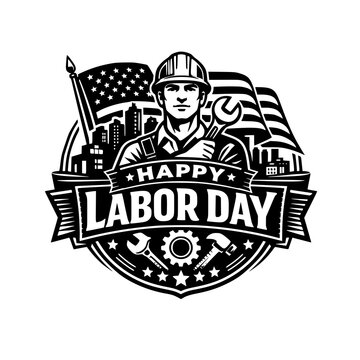 Happy Labor Day vintage vector emblem featuring confident worker holding wrench, American flag, city skyline backdrop, and gear icon isolated on white